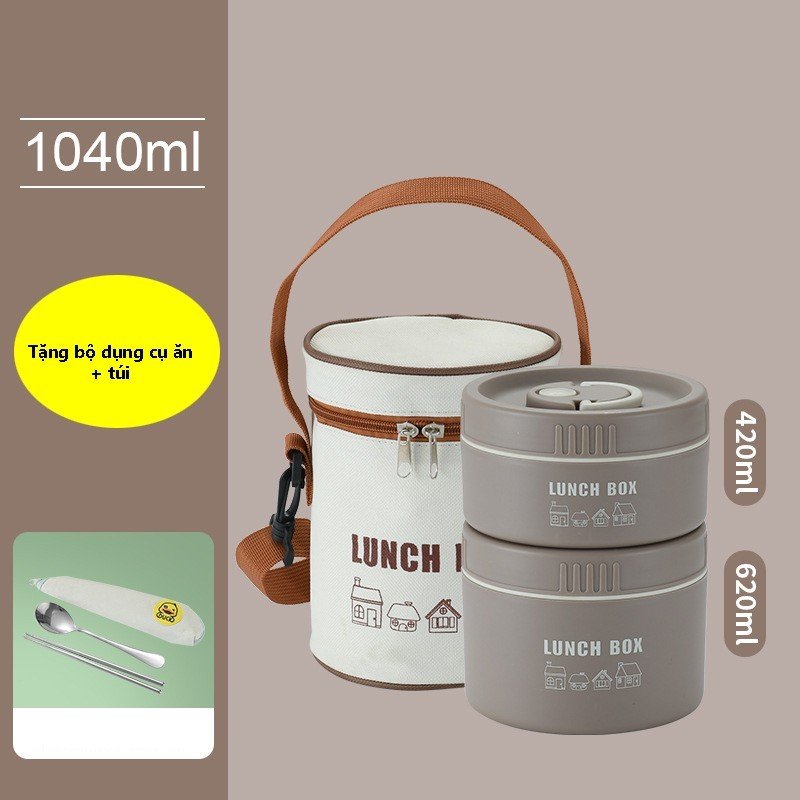 Hộp Đựng Cơm Giữ Nhiệt Lunch Box INOX 304 - Tặng kèm Túi + Bộ dụng cụ ăn