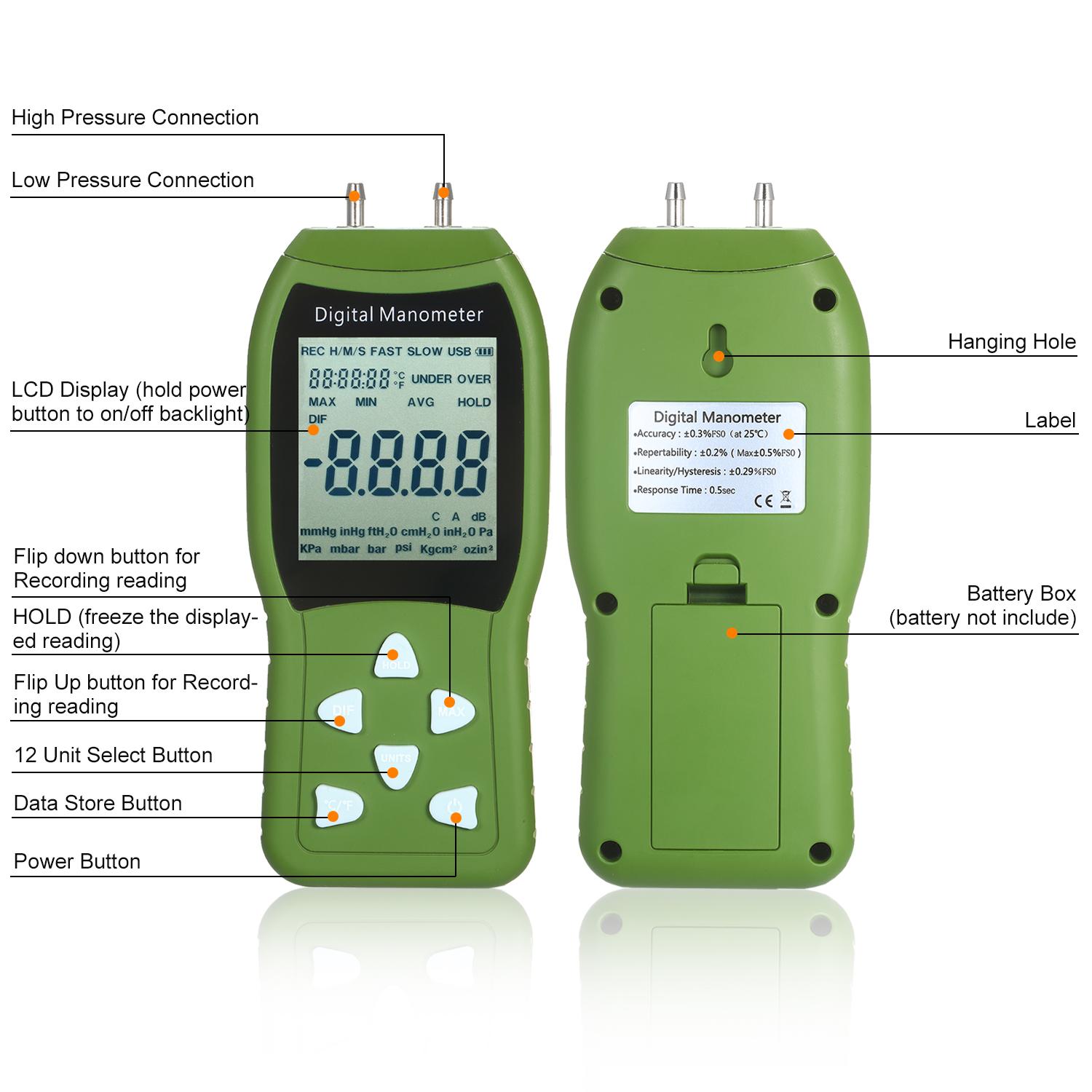 Manometer Digital Air Pressure Meter 12 Unit Dual Port Differential Pressure Gauge HVAC Gas Pressure Tester Large LCD