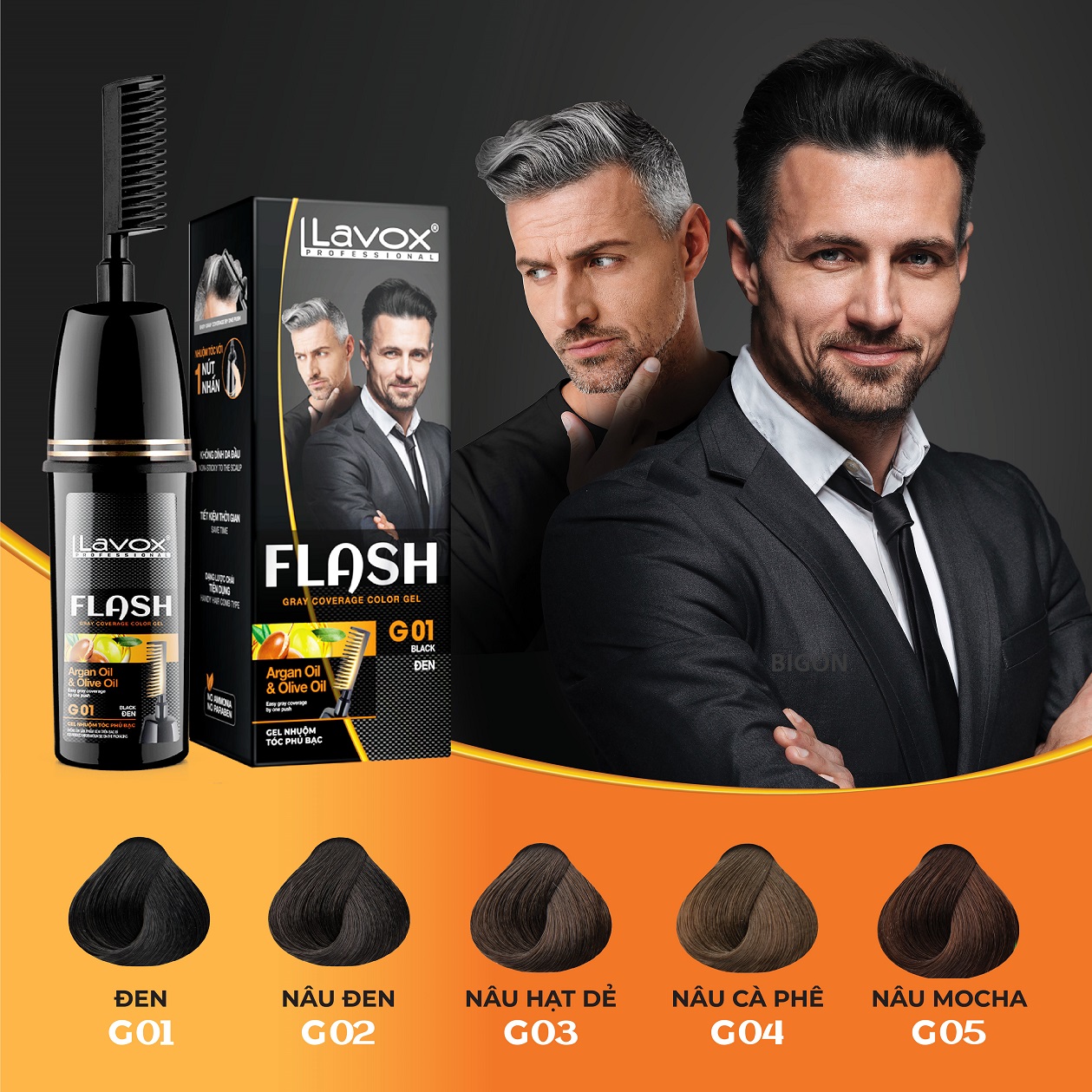 Gel Lược Nhuộm Phủ Bạc LAVOX - Dầu Gội Phủ Bạc Thảo Dược Thiên Nhiên LAVOX FLASH GRAY COVERAGE COLOR GEL G02 DARK BROWN