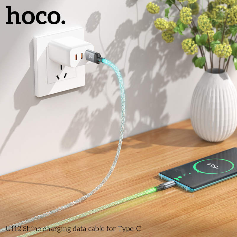Cáp Sạc Nhanh Dành Cho Hoco U112 Shine 3A Đèn Led Đổi Màu Cổng Type C Dây Dài 1M Hàng Chính Hãng