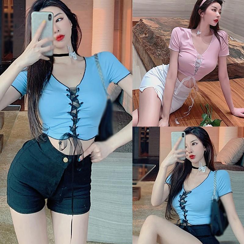 Áo Thun Tay Ngắn Cổ Chữ V Màu Trơn Quyến Rũ Cho Nữ