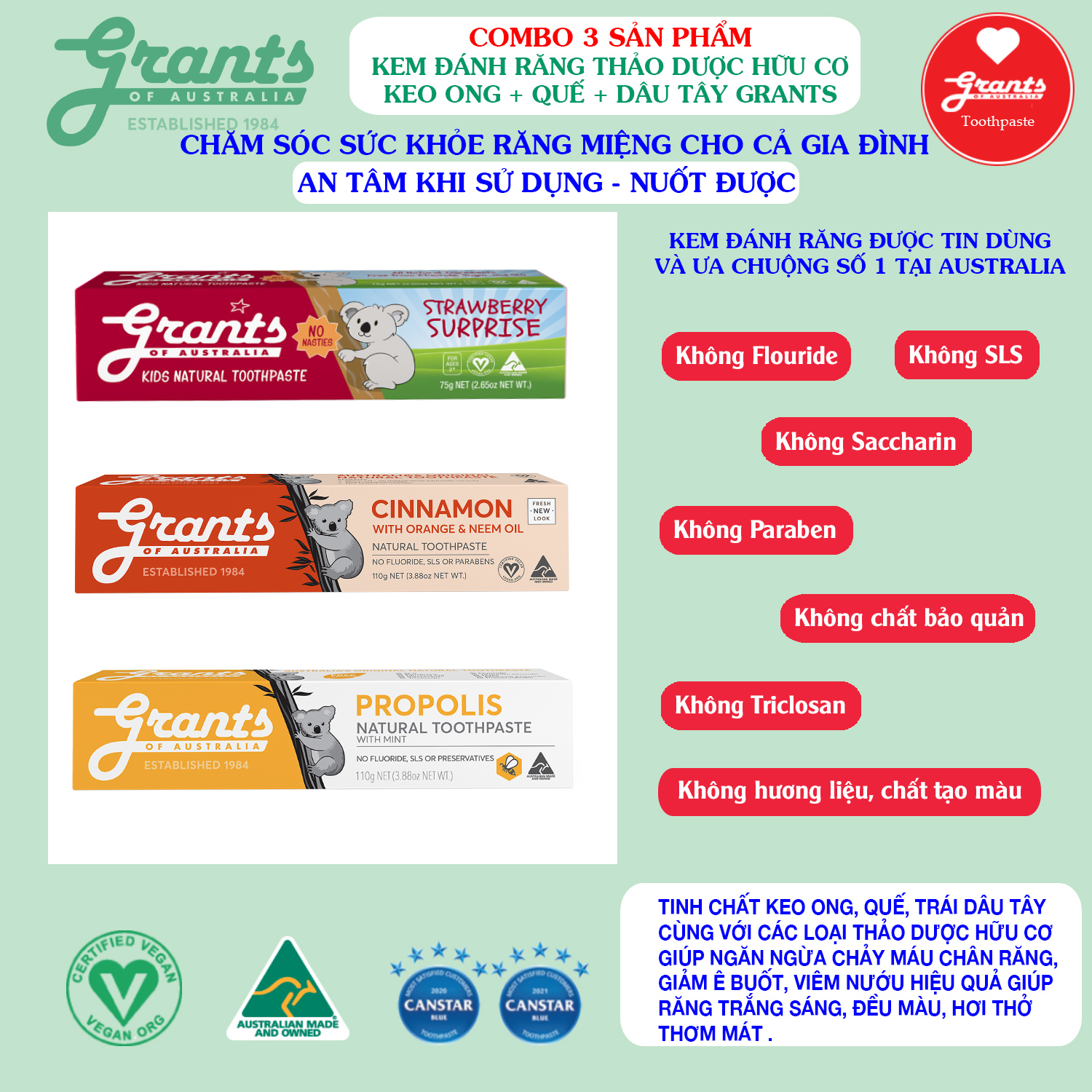 Kem đánh răng thảo dược hữu cơ Keo ong  Grants 110g+ Quế  Grants 110g + Dâu tây Grants 75g,- Bộ 3 tuýp - Chăm sóc răng miệng cho cả gia đình