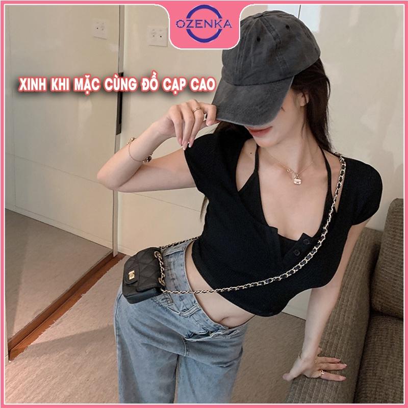 Áo croptop nữ kiểu hàn quốc cổ yếm 2 lớp, áo phông crt ôm body cài khuy cotton 100% màu đen trắng dưới 55 kg