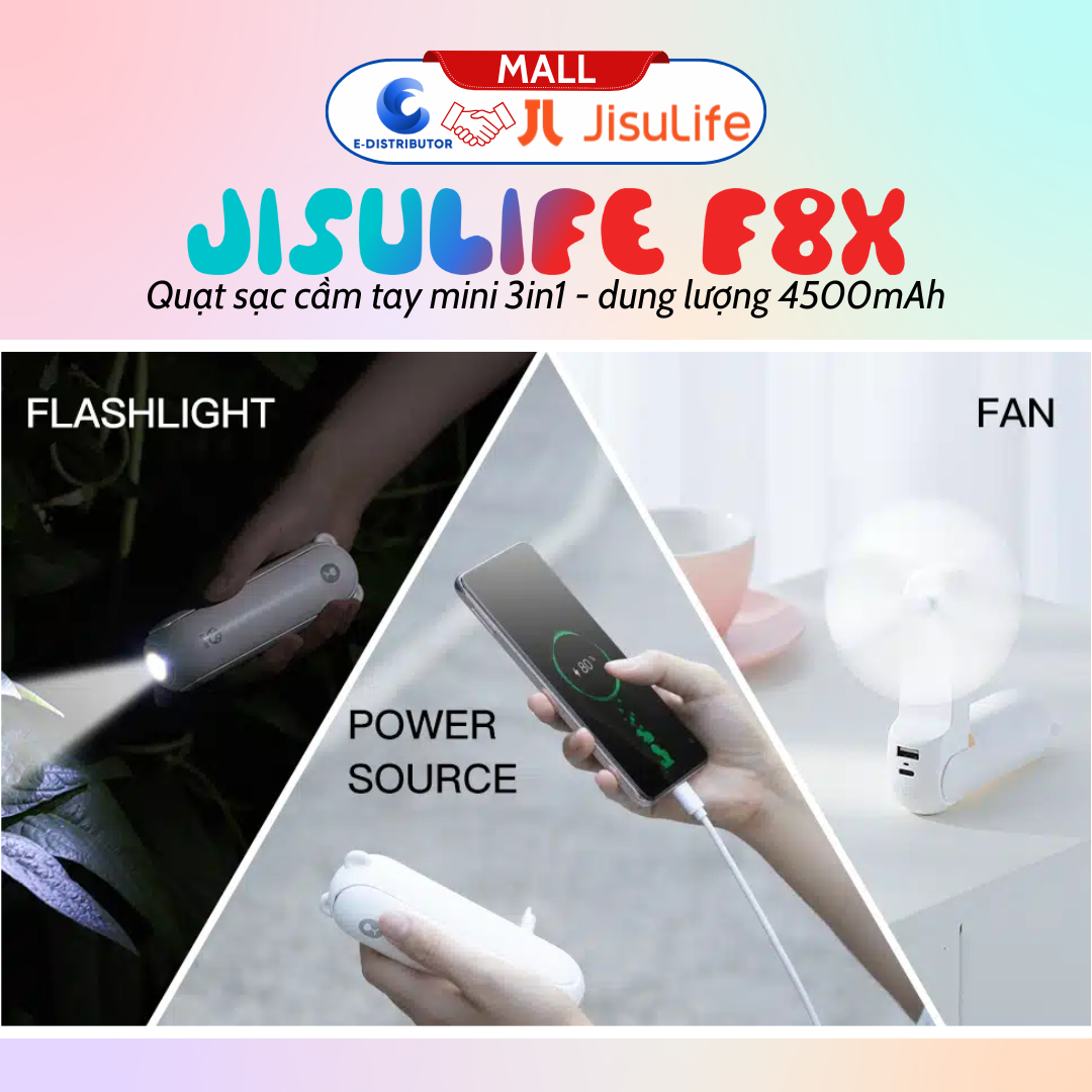 Quạt cầm tay mini JisuLife F8X 4500mAh - Tích hợp Sạc dự phòng, Đèn pin - Hàng chính hãng