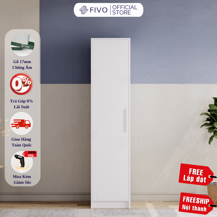 Tủ Đựng Quần Áo Gỗ Màu Trắng MDF Lõi Xanh Chống Ẩm Dày 17mm FIVO FC01 Cửa Mở Thiết Kế Nhiều Ngăn Dễ Dàng Lắp Ráp