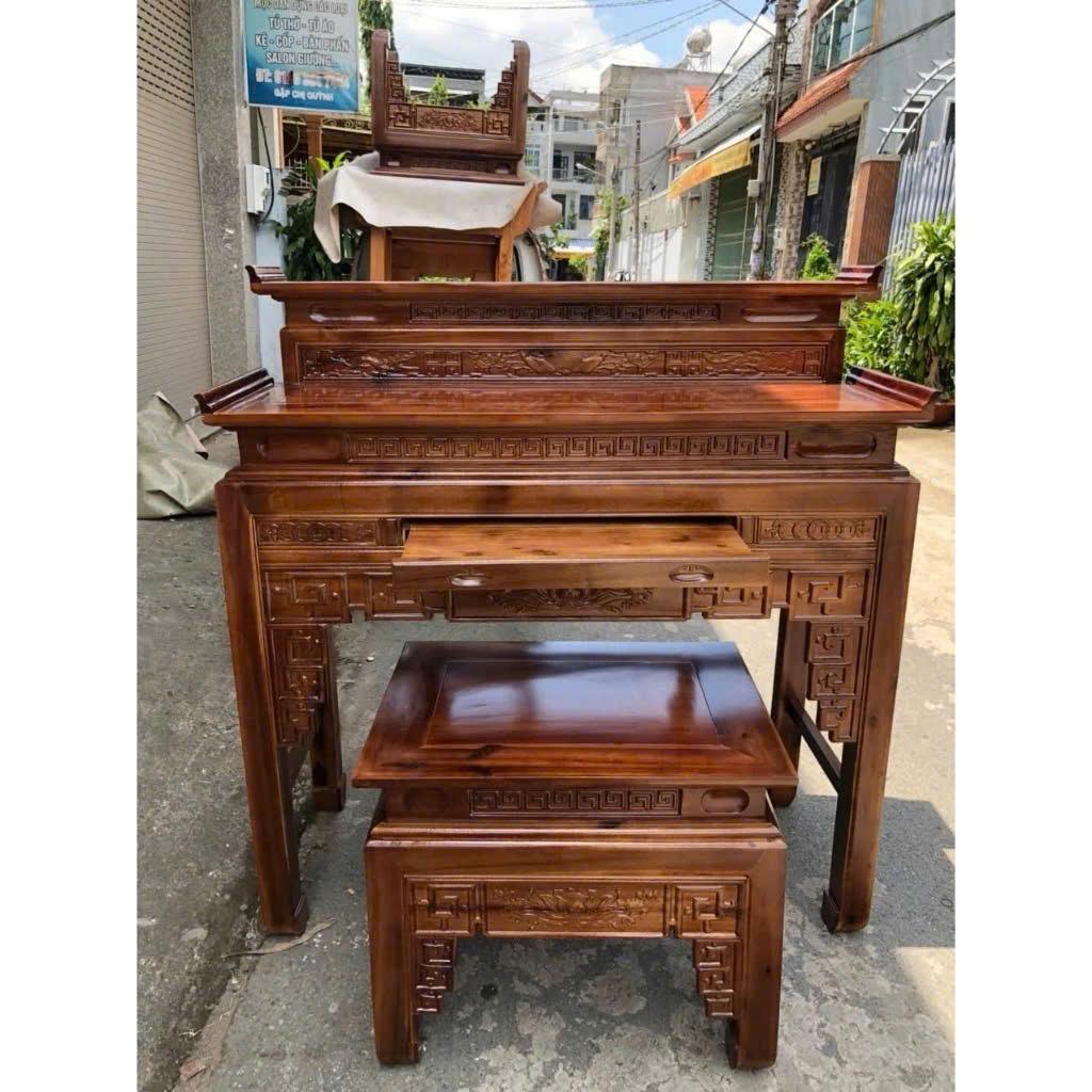 Án gia gỗ 2 tầng ,Bàn thờ gia tiên gỗ tràm bông vàng 2 tầng ,bàn mẹ bồng con - Án gian + bàn con