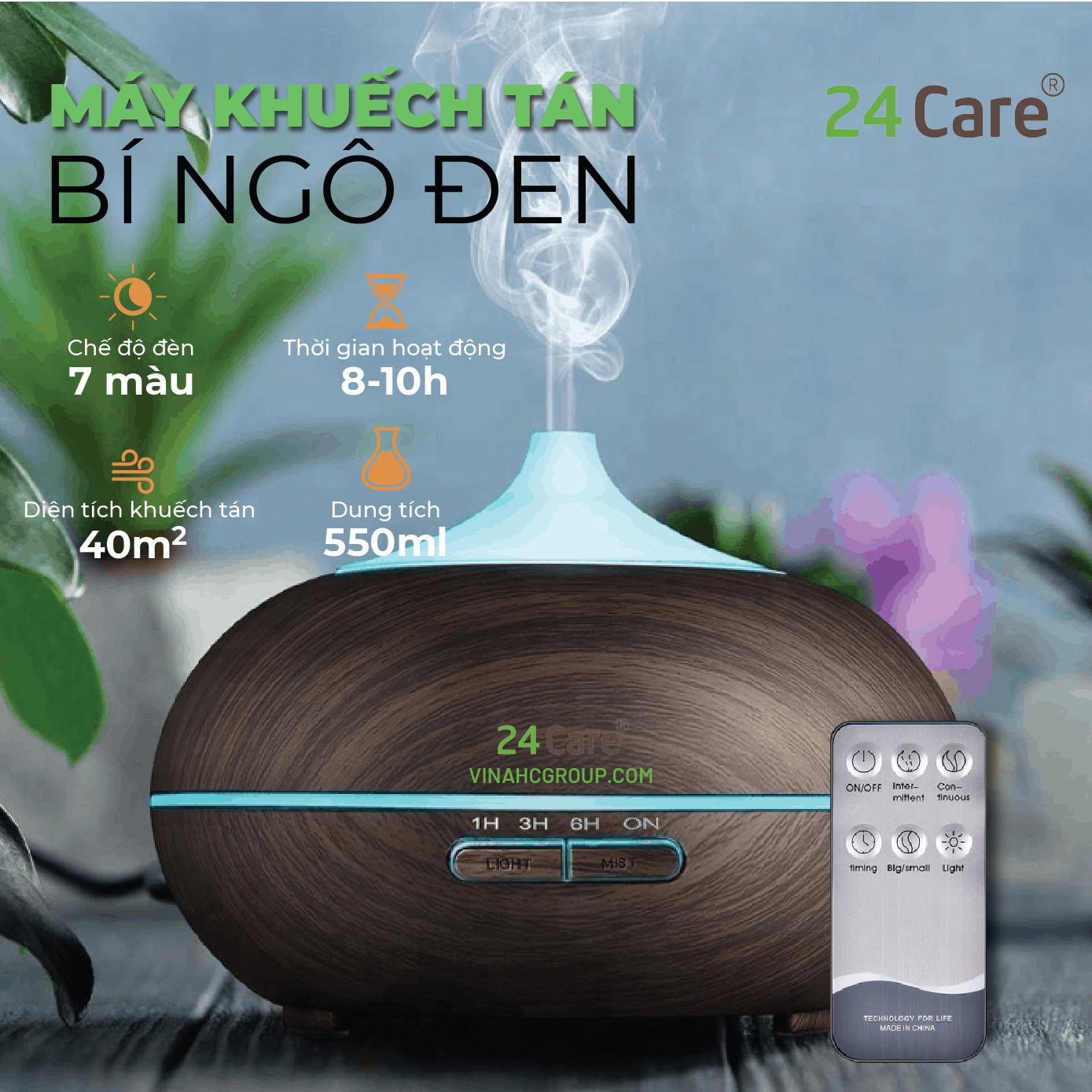 Máy khuếch tán Tinh Dầu 24Care Bí Ngô Đen Ultrasonic 500ml , Tặng 3 Chai tinh dầu Sả Chanh + Bạc Hà + Bưởi ÚC 24Care 10ml | Xông Phòng | Kèm Remote Điều Khiển | Công nghệ siêu âm.