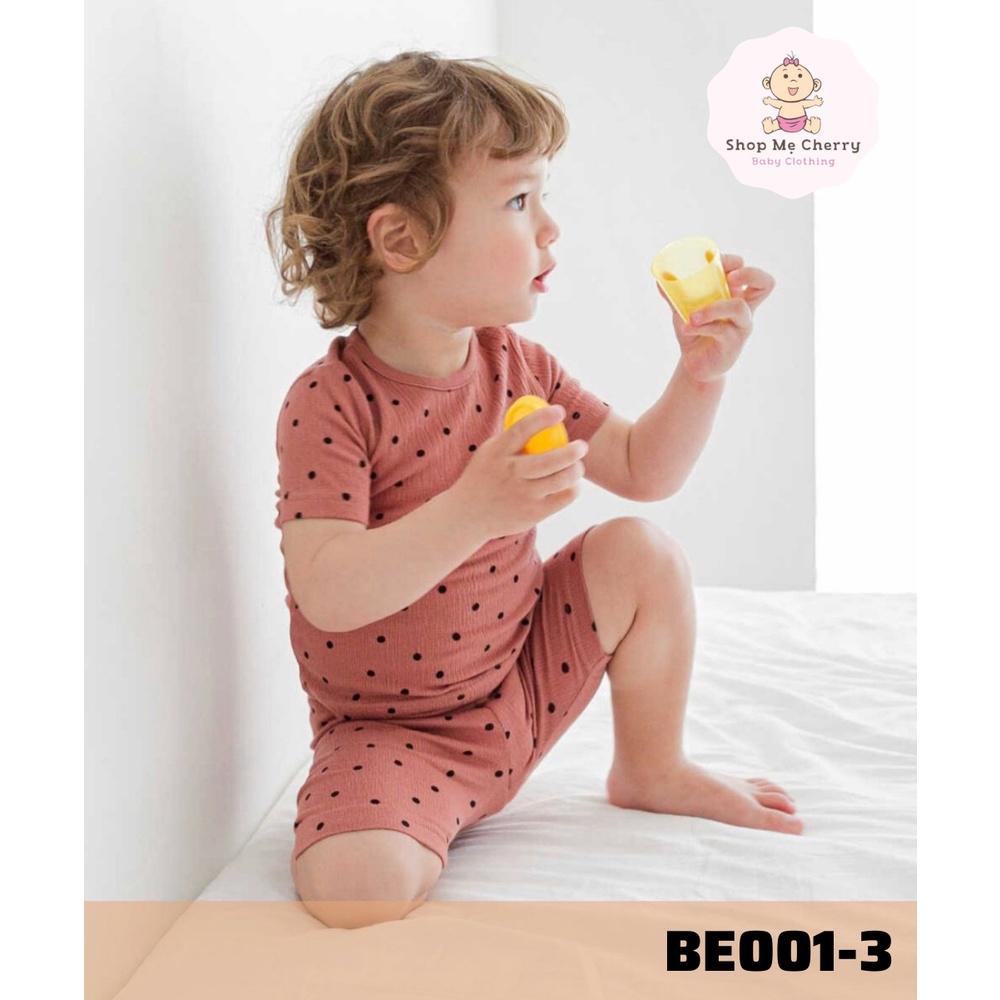 BỘ NGẮN CAO CẤP BÉ GÁI NỘI ĐỊA HÀN, CHẤT THUN TĂM ORGANIC, MẪU CHẤM BI MÀU NÂU