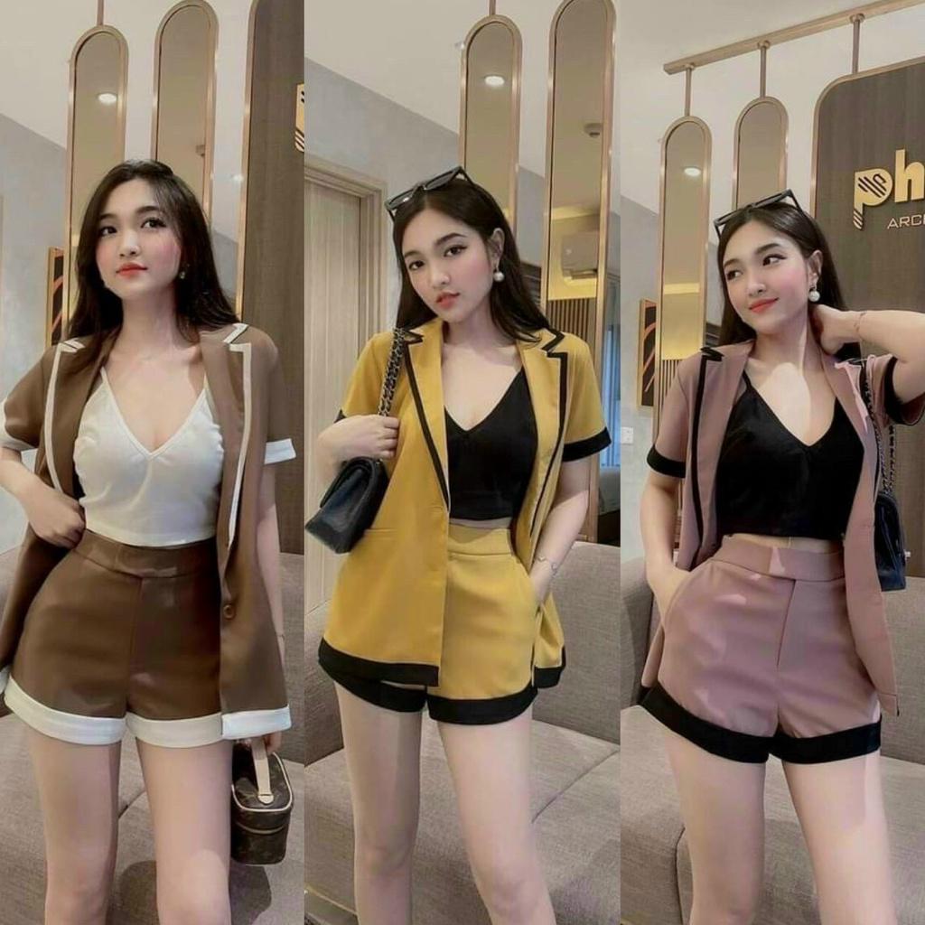 Sét bộ 3 món đồ nữ áo vest ngắn tay chỉ viền phối Croptop sang chảnh, xinh xắn dạo phố, dự tiệc