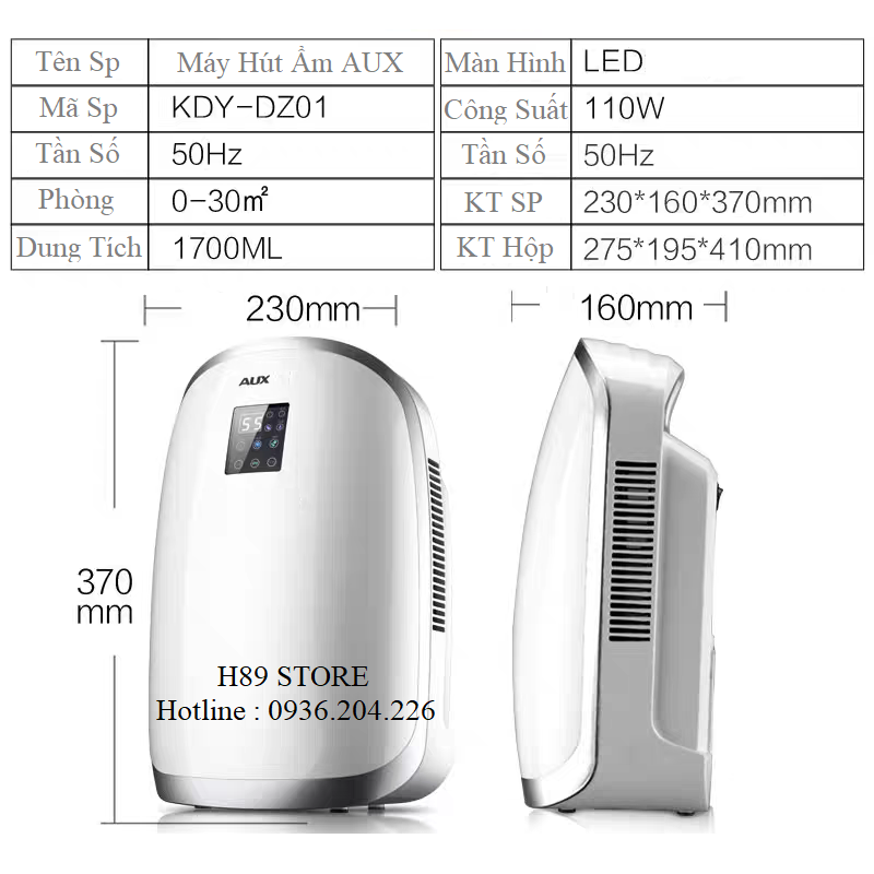 Máy hút ẩm lọc không khí cao cấp AUX, máy lọc không khí hút ẩm gia đình màn hình LED