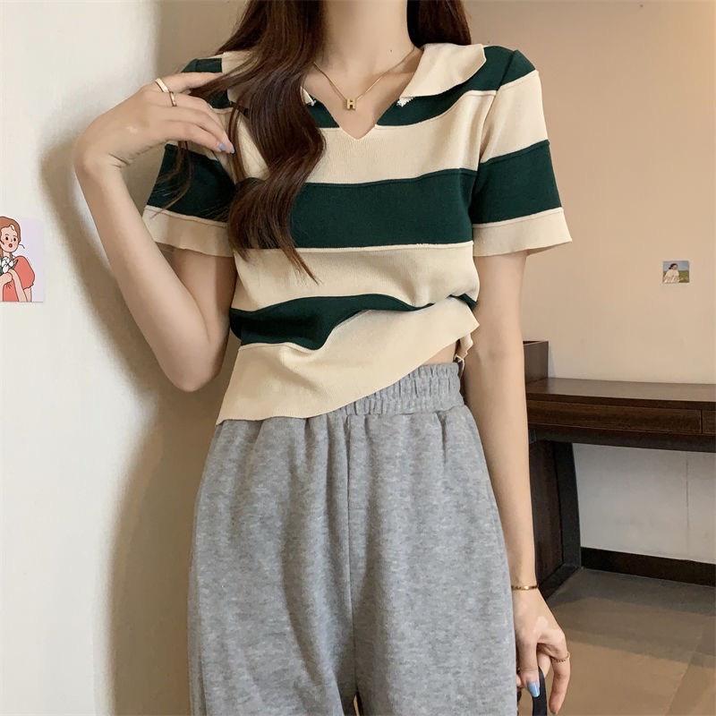 Áo len Montoghi dệt kim CỔ BẺ CHỮ V sọc BẢN TO tay ngắn phong cách Hàn Quốc xinh xắn