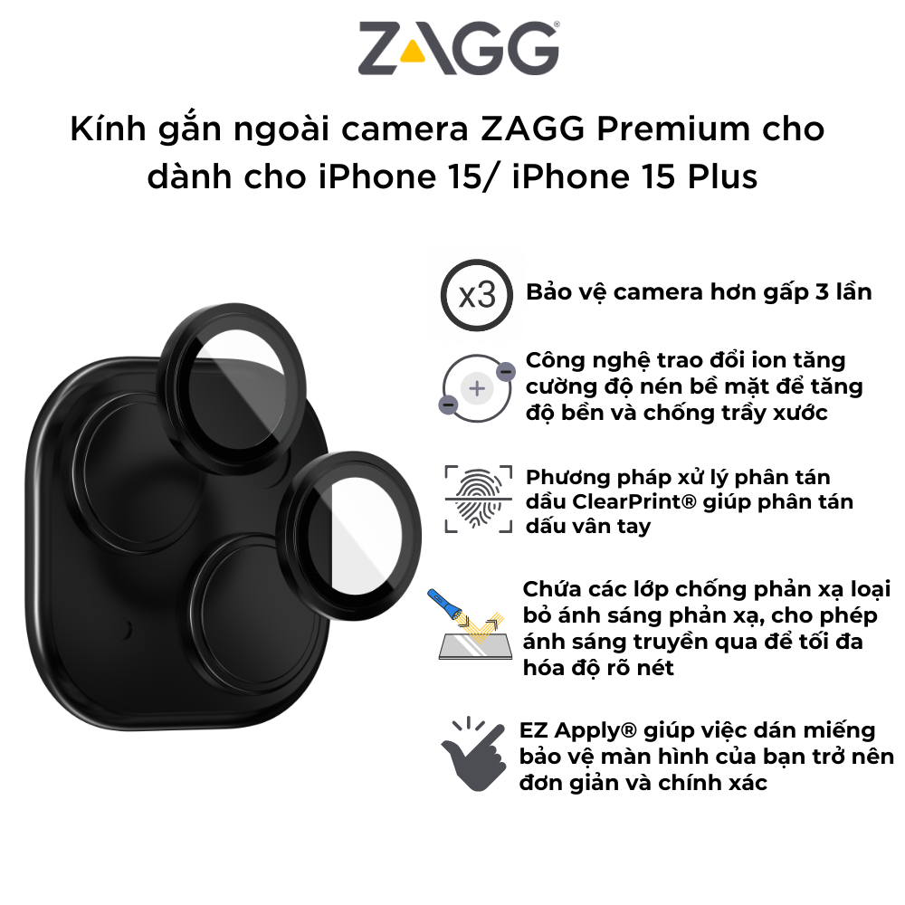 Kính gắn ngoài CAMERA ZAGG Premium cho iPhone - dành cho iP 15/ 15 Plus - Hàng chính hãng