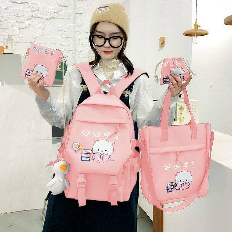 Combo balo 4 món thời trang ulzzang, Set balo 4 món đi học, balo 4 món - mèo hai khóa đọc sách