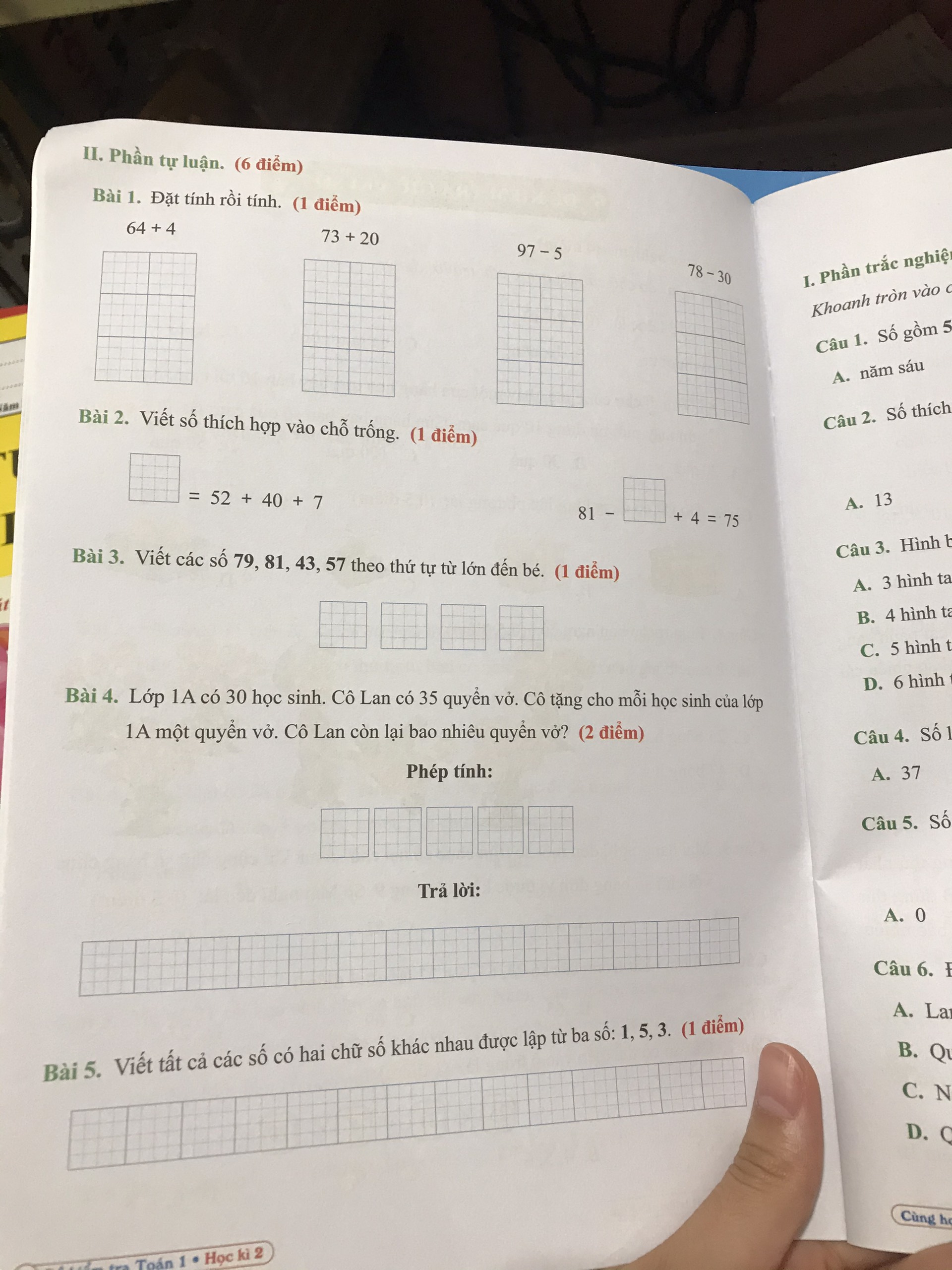 Đề kiểm tra Toán 1 học kì 2 ( Cùng học để phát triển năng lực )