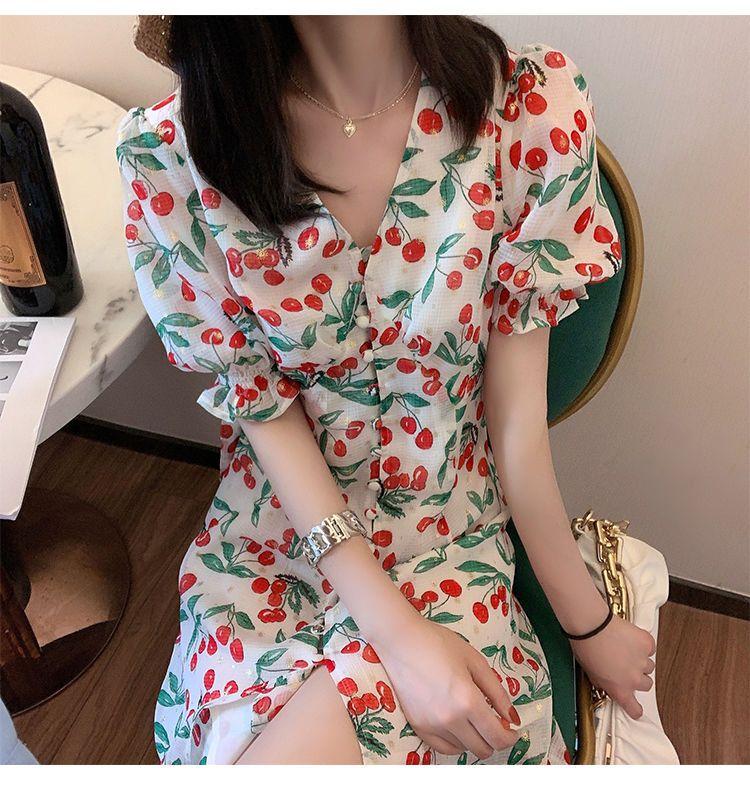 TOBE1SHOP 2021 mùa hè thắt lưng ngọt ngào trà nghỉ váy nữ Pháp anh đào chiffon hoa bong bóng tay áo đầm dài