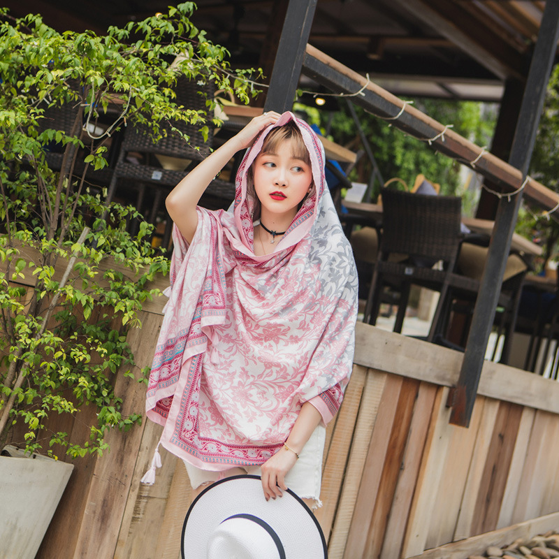 Khăn Choàng Quàng Cổ Boho Họa Tiết Thổ Cẩm Màu Hồng Phấn - Chất Liệu Cotton - Size:90x180cm - Mã KC016