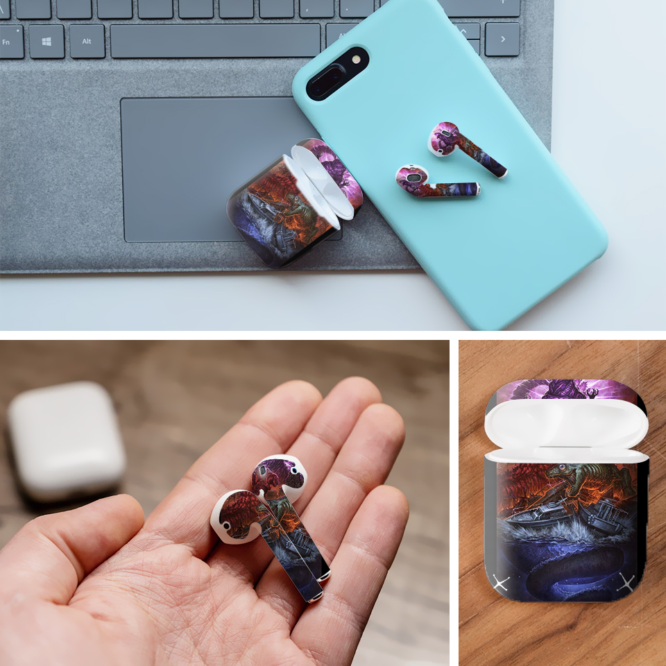 Miếng dán skin chống bẩn cho tai nghe AirPods in hình Godzilla - Godz005 (bản không dây 1 và 2)