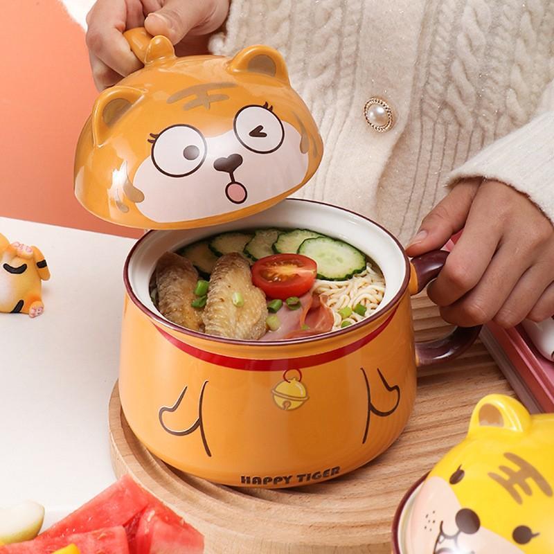 Tô Sứ Dễ Thương Ăn Mỳ Hình Con Hổ - Bát Tô Sứ Cỡ Lớn 1020ml Có Nắp Và Tay Cầm