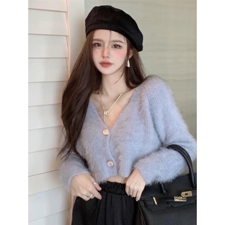 Áo khoác cardigan lông thỏ dáng lửng, áo len nữ croptop hàng QUẢNG CHÂU CDG3