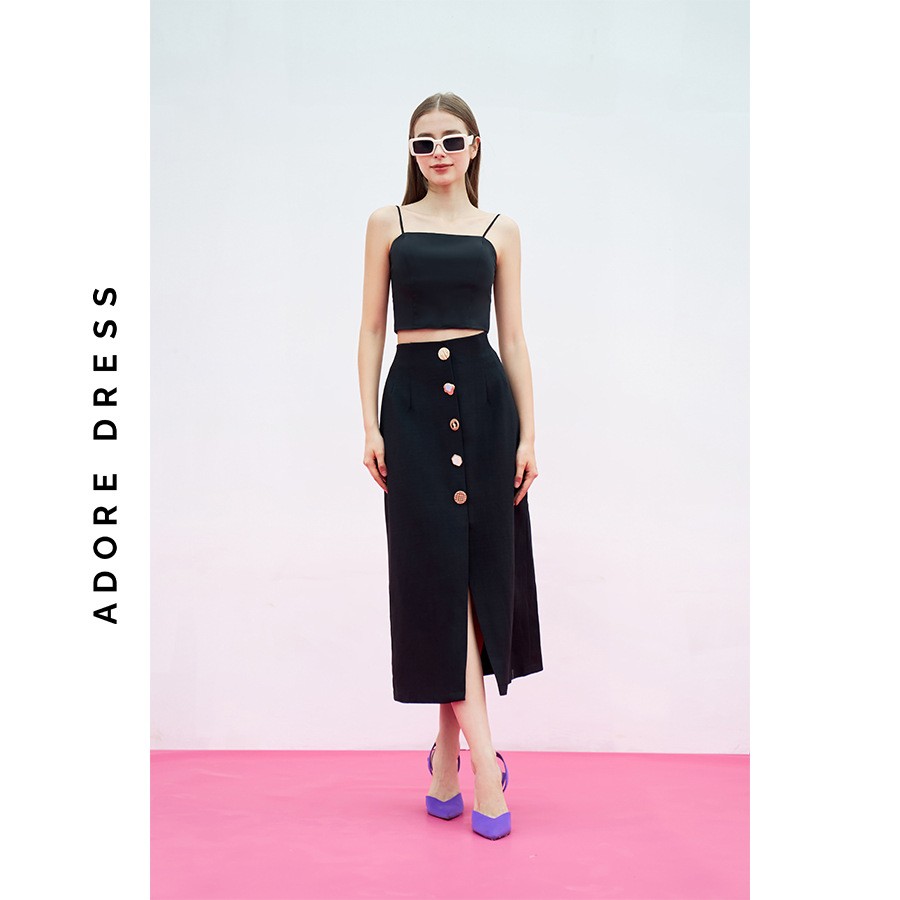 Chân váy midi skirts tech lóng vuông đen khuy to random sẻ 313SK2003 ADORE DRESS