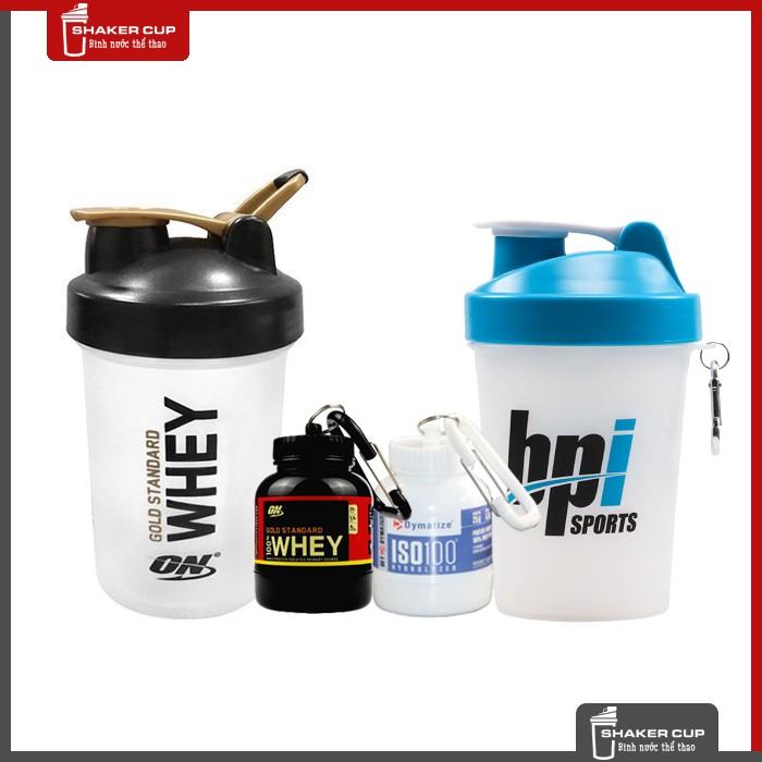 Combo 2 sản phẩm bình lắc shake bottle 500ml và hộp đựng whey ishake protein funnel