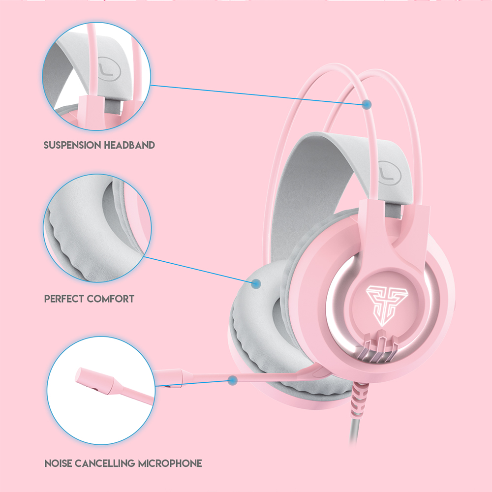 Tai nghe Gaming chụp tai có dây màu hồng dễ thương Fantech HG20 CHIEF II, led nền, có mic, jack cắm 3.5mm - Hàng chính hãng