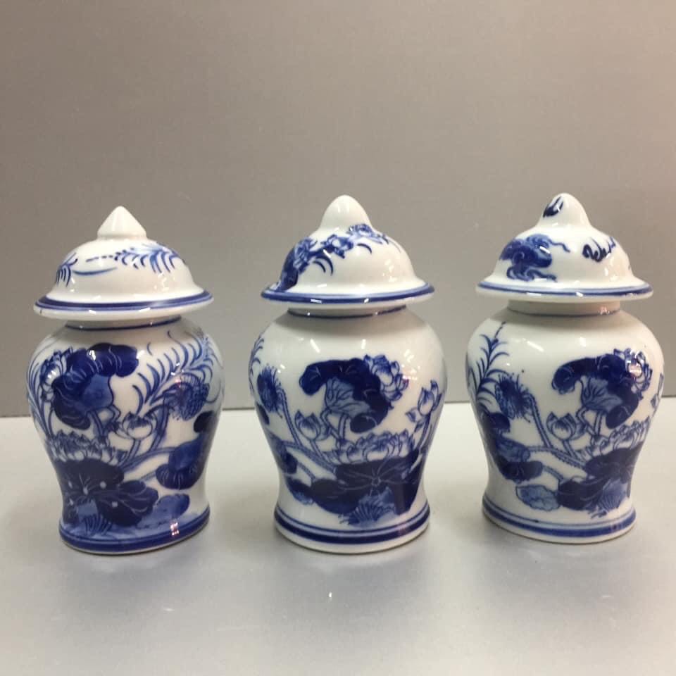 Combo 3 chiếc Hũ đựng gạo muối nước thờ, mẫu hoa sen trắng xanh lam, gốm TỊNH PHƯƠNG cao cấp KH12115