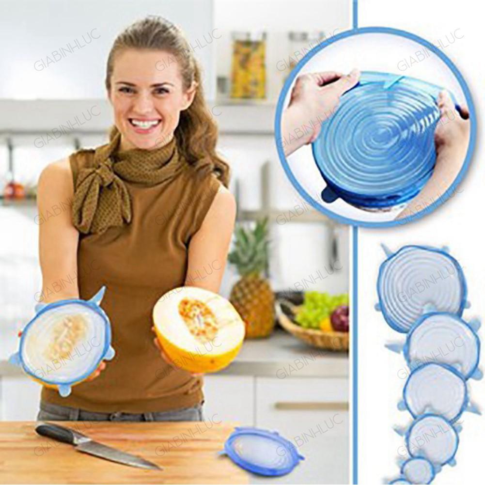 Bộ 6 Miếng Silicone Bọc Thực Phẩm Cao Cấp - Nắp Đậy Màng Silicon Bảo Quản Thức Ăn Dày Dặn Độ Co Giãn Tốt