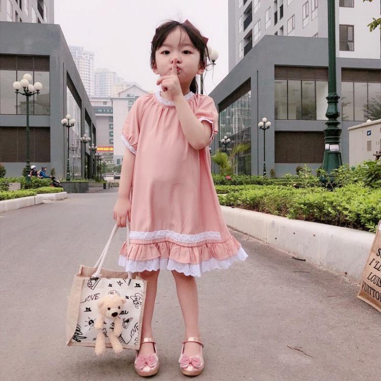 Váy cho bé dáng xòe hồng pastel bo viền điệu đà bé gái