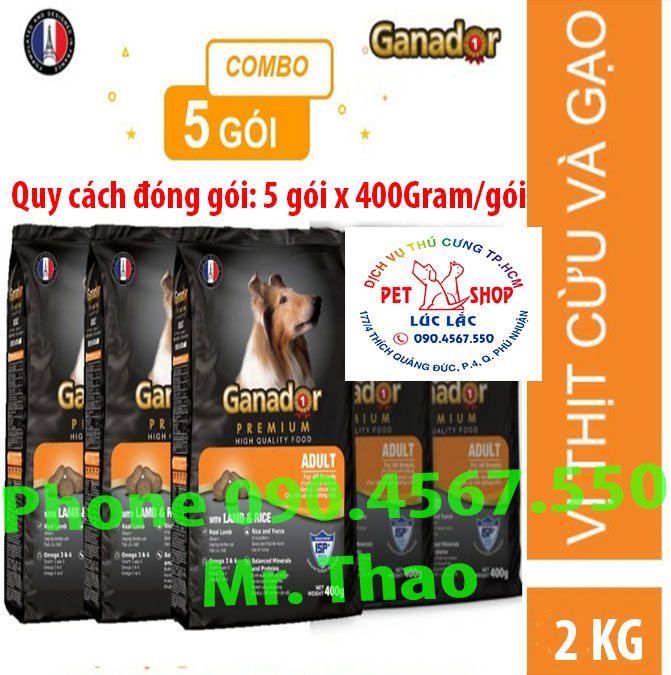 Combo 5 gói thức ăn cho chó trưởng thành Ganador vị thịt cừu & gạo Lamb & Rice 400gram