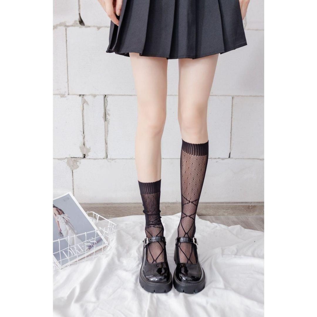 Tất, vớ bắp chân ren lưới hoa tiết thêu NƠ phong cách lolita cá tính, năng động cho nữ