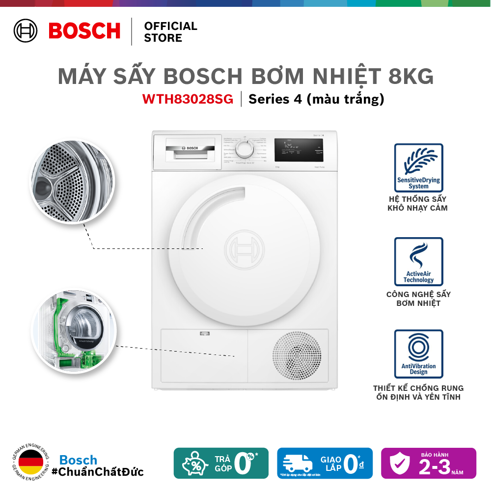 Máy sấy Bosch 8kg WTH83028SG series 4 - Hàng chính hãng