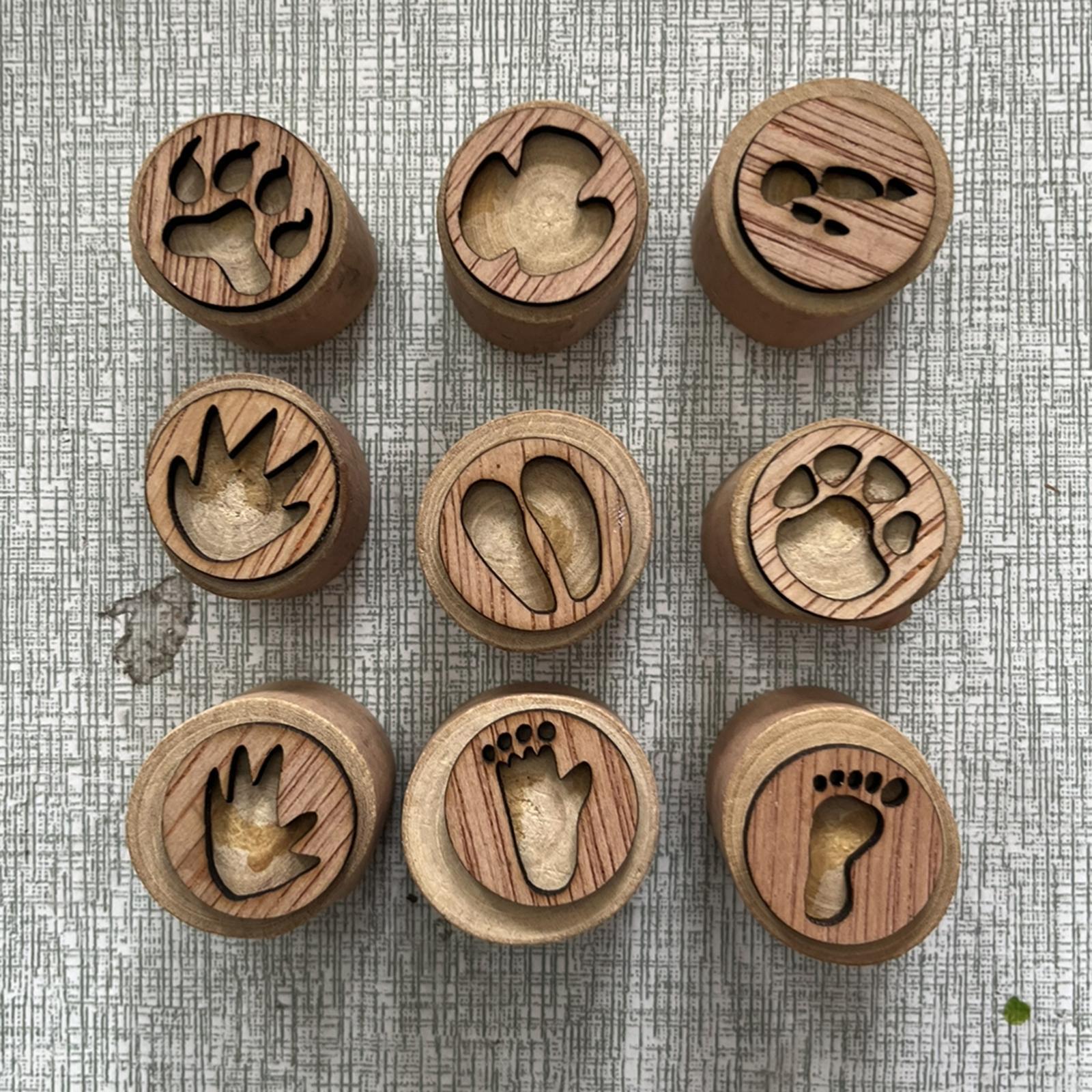 9Pcs Wooden Stamp Set Animals Foot Print Stamp Handmade Painting Animals Paw Stamp Animal Track Stamps for Clay, Planner, Teachers, Card Making