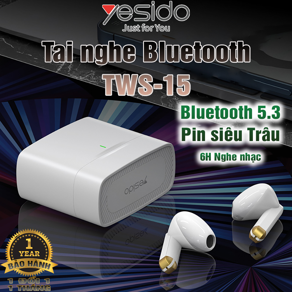 Tai nghe Bluetooth Yesido TWS-15 Pin siêu trâu V5.3 không độ trễ Hàng Chính Hãng