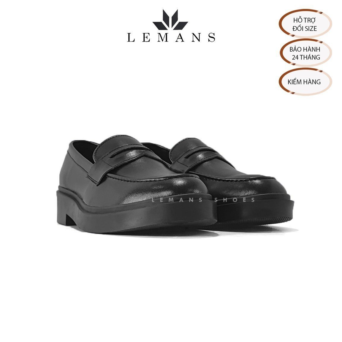 Giày da bò Penny Loafer Black LEMANS PL01D, da bò nguyên tấm, tăng chiều cao 4cm, bảo hành 24 tháng