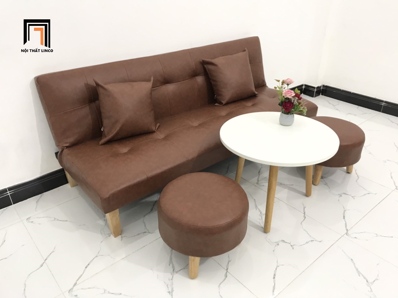 Bộ ghế sofa giường màu nâu cafe simili giả da nhiều kích cỡ