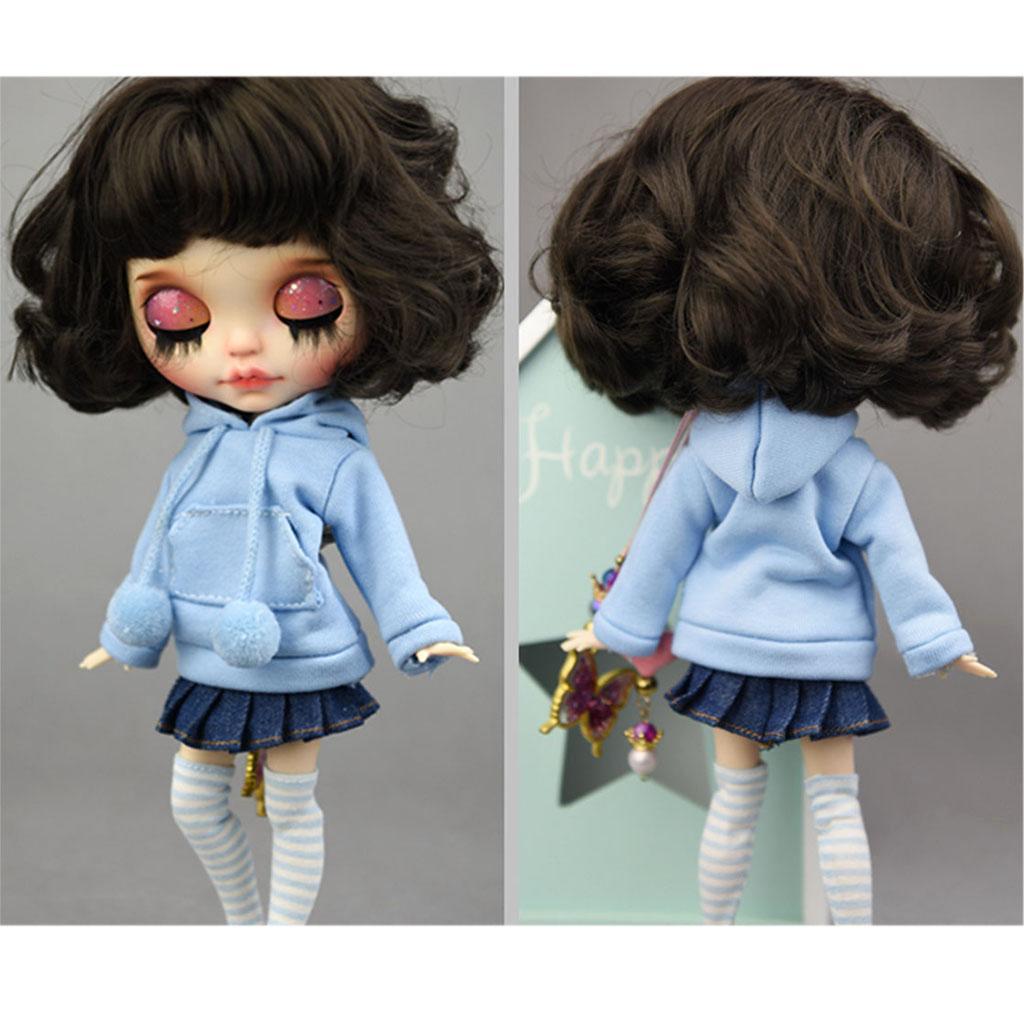 BJD Doll Long Sleeve Hoodie Outfit for Blythe 12inch Doll Clothing Dress up Blue