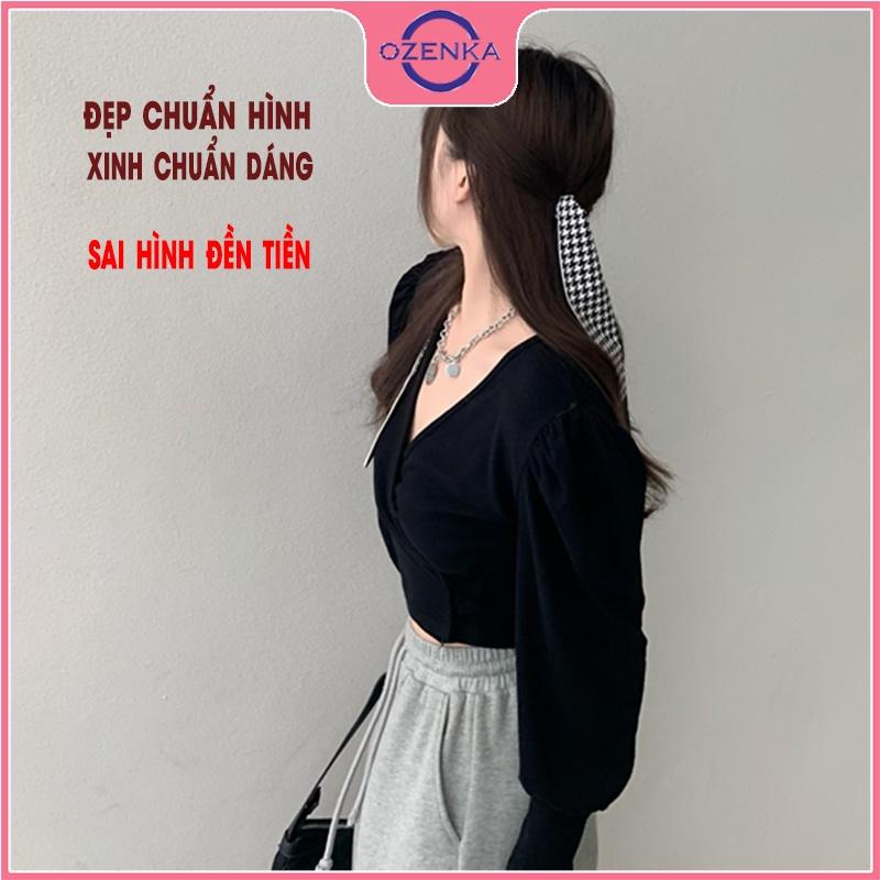 Áo croptop cổ v vai bồng tay dài nữ OZENKA crt ôm body vải thun gân 100% cotton cho người bắp tay to dưới 50 kg