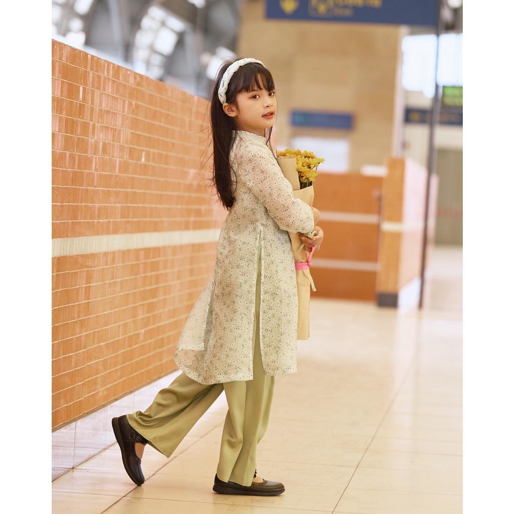 Áo dài bé gái BYZU chất vải tơ đính nơ ngực tay bồng bềnh, hoa nhí xinh xắn (Thanh Mai)