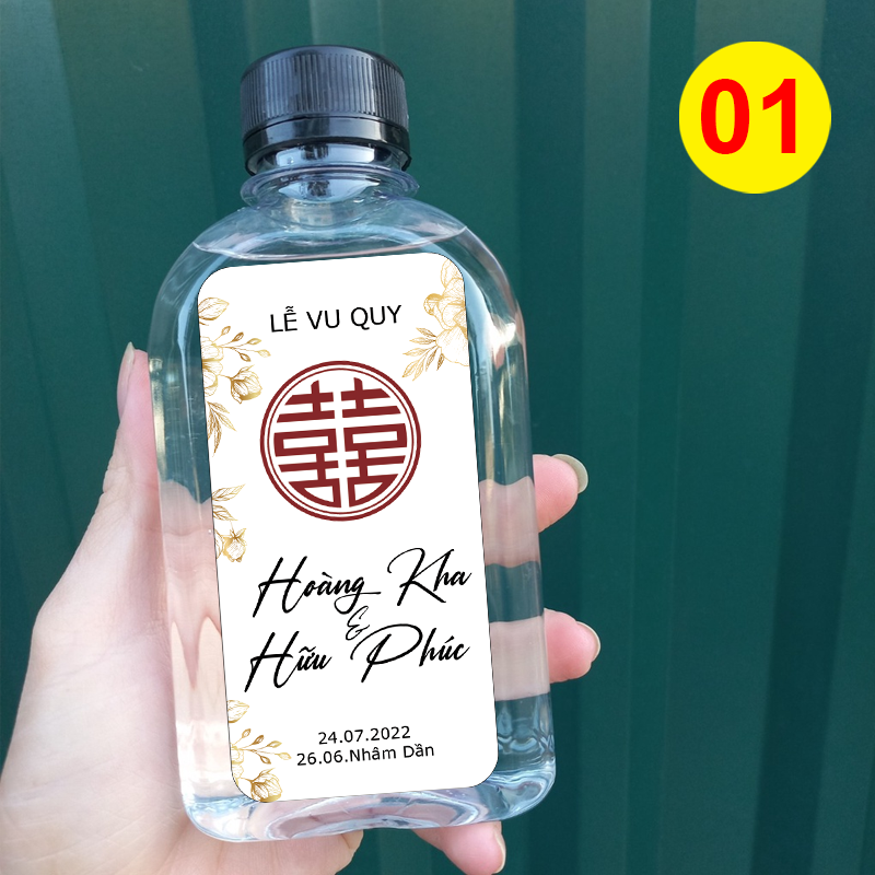 Decal nhãn dán chai nước đám cưới - chai dẹp MS 01