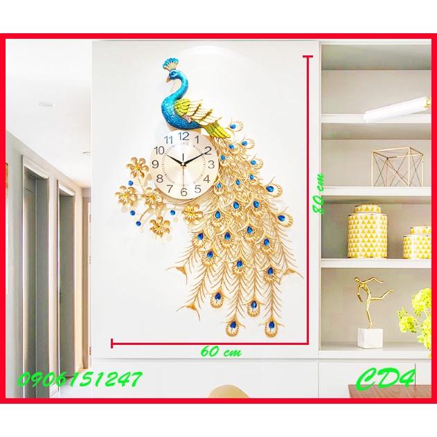 Đồng hồ treo tường trang trí decor chim công CD4 Khổng Tước vàng kích thước 80 x 60 cm