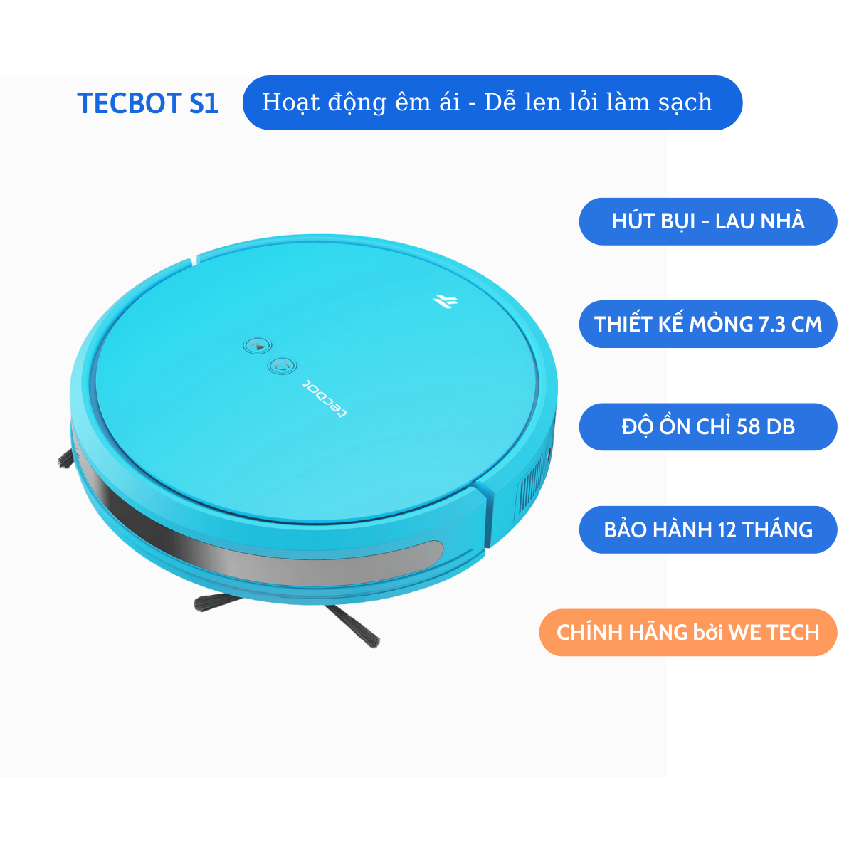 Robot hút bụi lau nhà Tecbot S1 có độ ồn chỉ 58 db - Hàng chính hãng