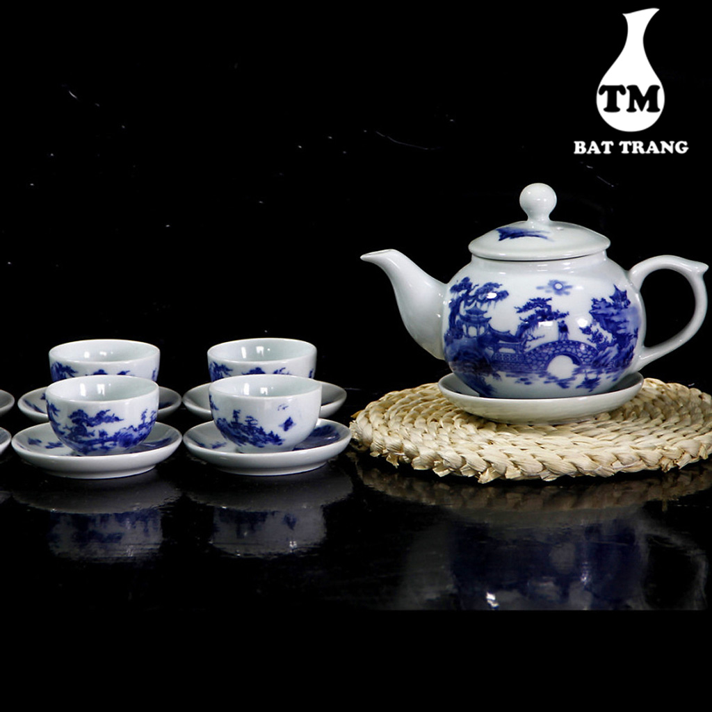 Bộ Ấm Trà Hoa Nhài Men Lam Vẽ Trúc Lâm Thất Hiền, Bộ Ấm Chén Trà Đạo Xưởng Gốm TM