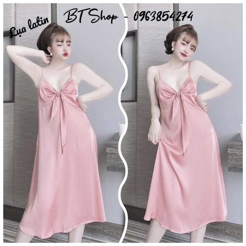 Đầm váy ngủ mặc nhà lụa latin 2 dây màu trơn freesize 42-57kg