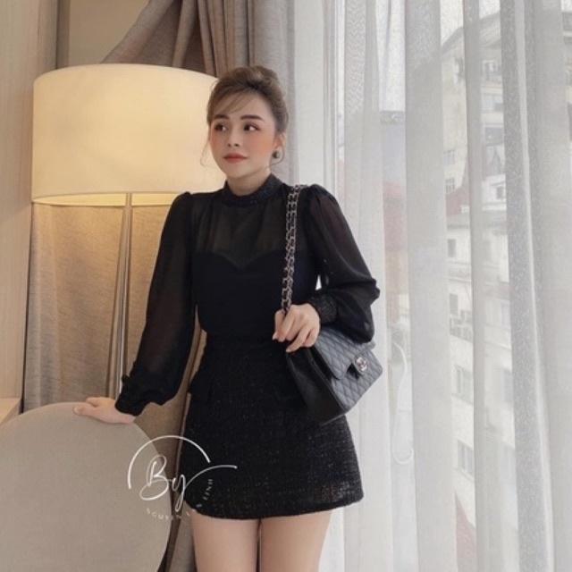 Sét Áo Voan Đen Mix Chân Váy Dạ Siêu Xinh Có Ảnh Thật Kèm Video