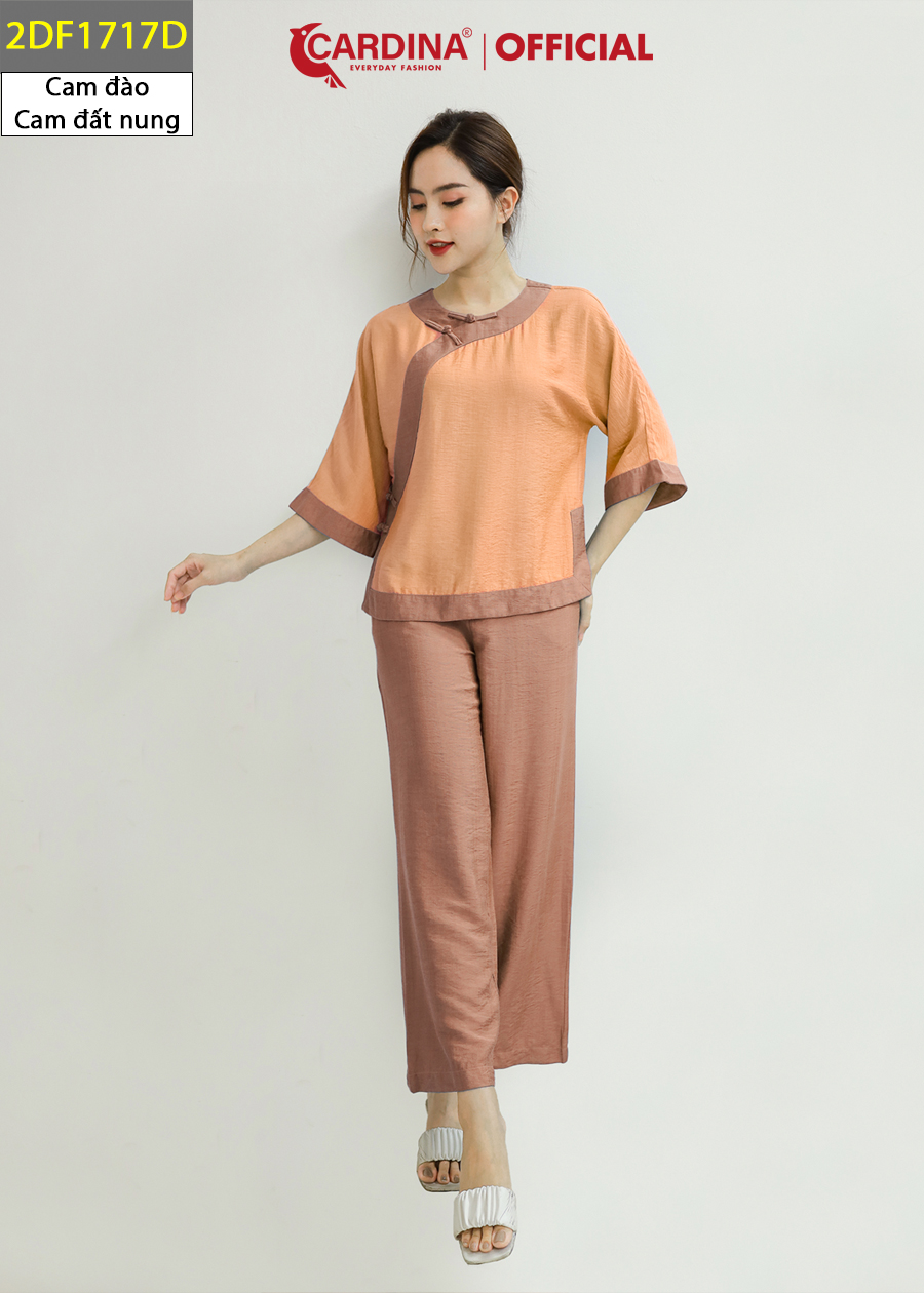 Đồ Bộ Nữ CARDINA Chất Đũi Bamboo Cao Cấp Bộ Đi Chùa Áo Cổ Tấc Cách Tân Tay Lỡ Quần Dài 2DF17