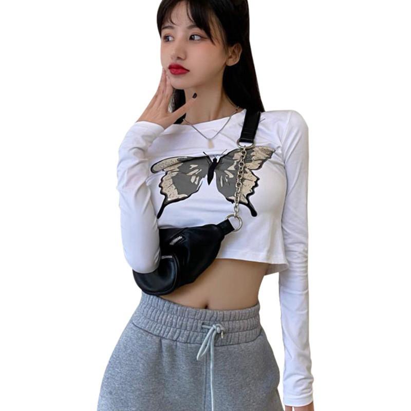 NEW BUTTERFLY Áo Thun Nữ Tay Dài Dáng Ôm In Hình Bướm Thời Trang