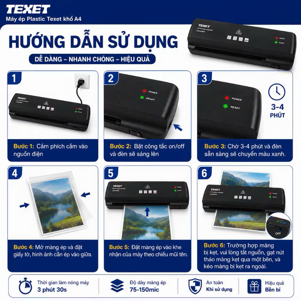Máy ép nhựa khổ A4 Texet LMA4NEW model 2026 (Bảo hành 12 tháng)