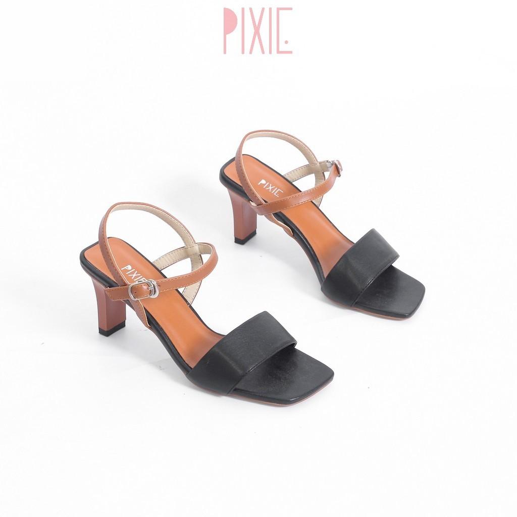 Giày Sandal Cao Gót 6cm Quai Bản To Mix 2 Màu Pixie X484