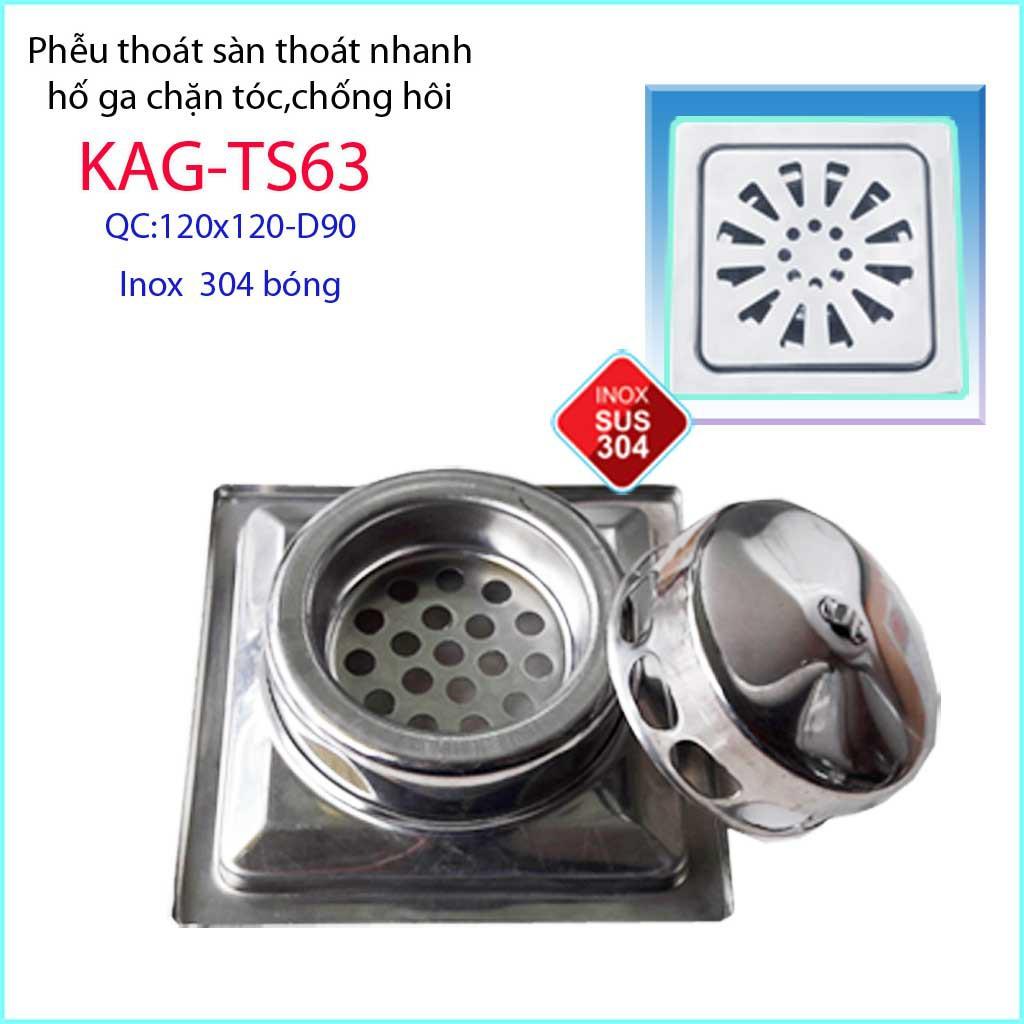 Phễu thoát sàn 12x12cm KAG-TS63 (D9cm) chống mùi hôi inox 304, hố ga thoát sàn 12x12cm cho ống D90mm mặt hoa cúc chống m